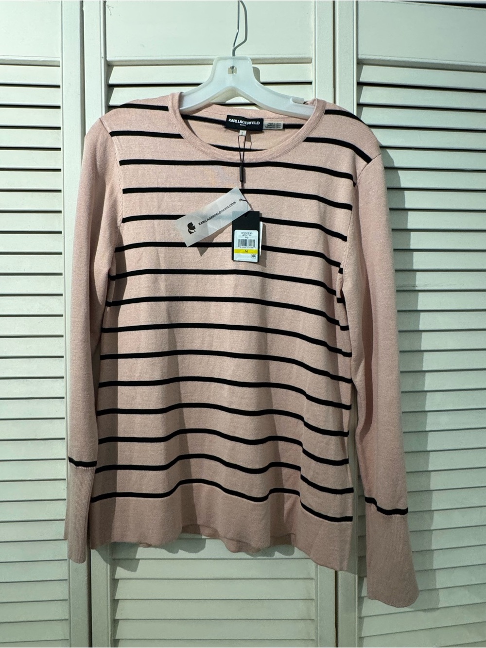 Karl Lagerfeld Light Pink Crewneck Sweater with Black Stripes
